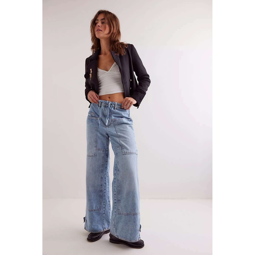 We The Free Free People Outlaw Jeans Light Wash Wide Leg Drawstring Carpenter- S
